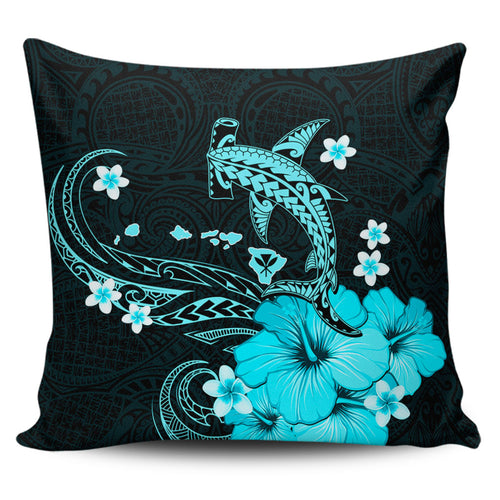 Hawaii Pillow Cover Kanaka Map And Shark Tribal Tattoo Turquoise