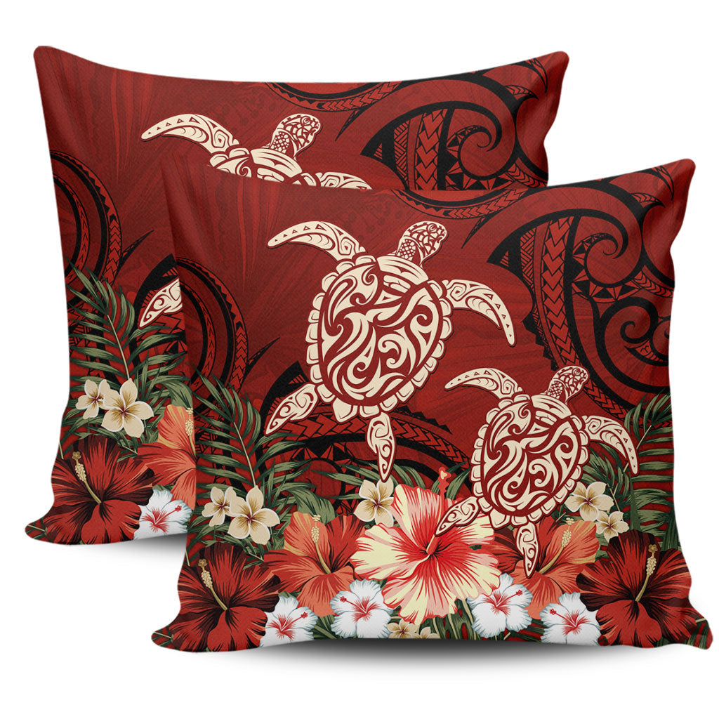 Hawaii Pillow Cover Polynesia Turtle Drawing Tropical Flower