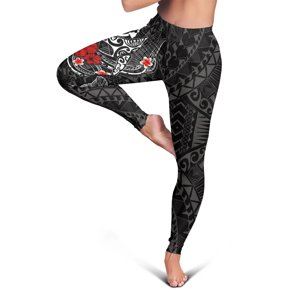 Polynesian Hawaii  Kanaka Maoli Legging - Humpback Whale with Hibiscus (White)
