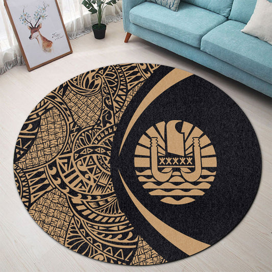 French Polynesia Round Rug Lauhala Gold Circle Style