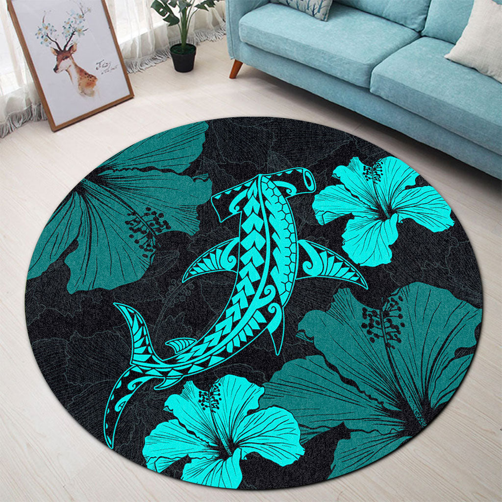 Hawaii Round Rug Hammerhead Shark Hibiscus Flower