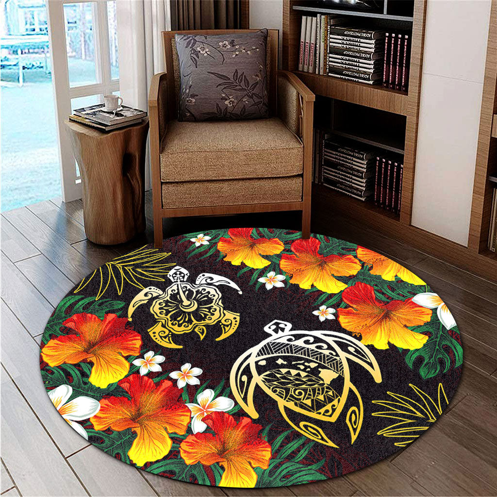 Hawaii Round Rug Polynesian Tribal Floral Turtle
