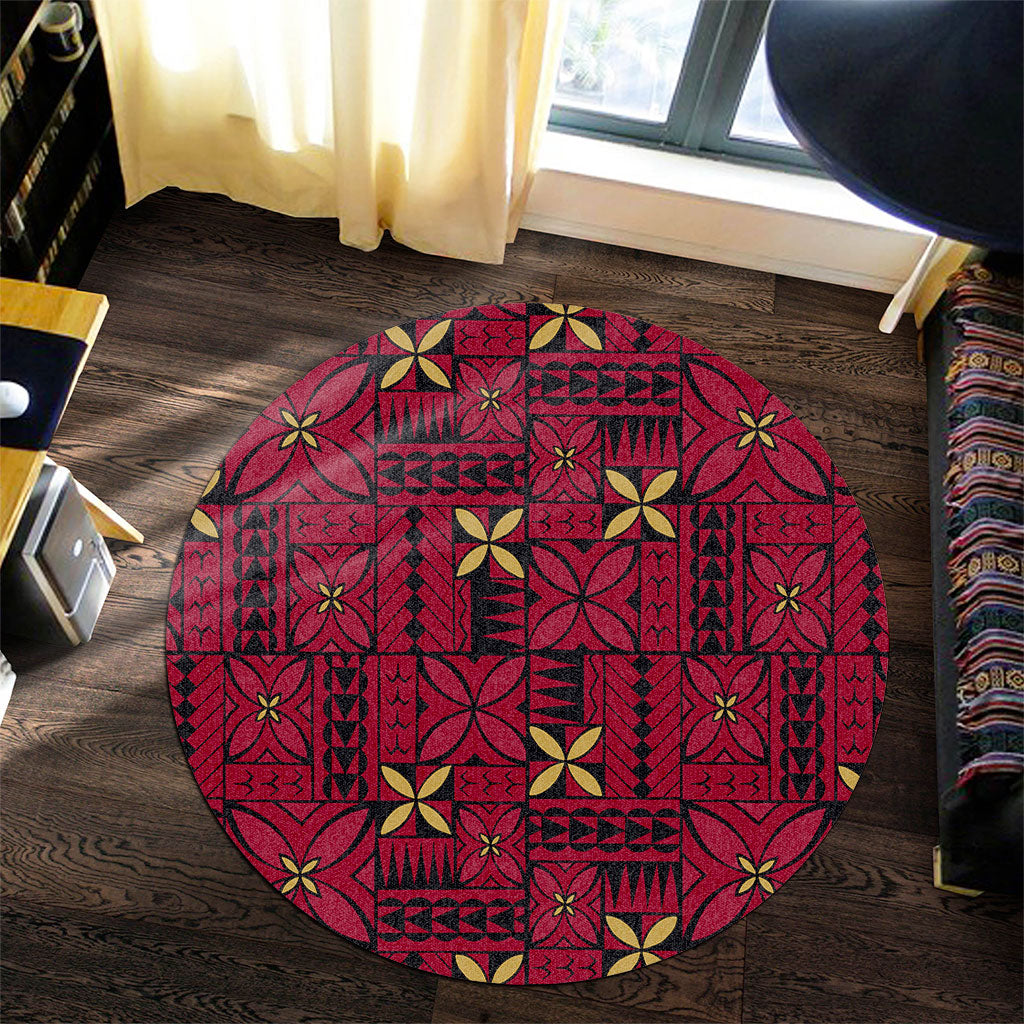 Samoa Round Rug Siapo Design Tribal Pattern Red