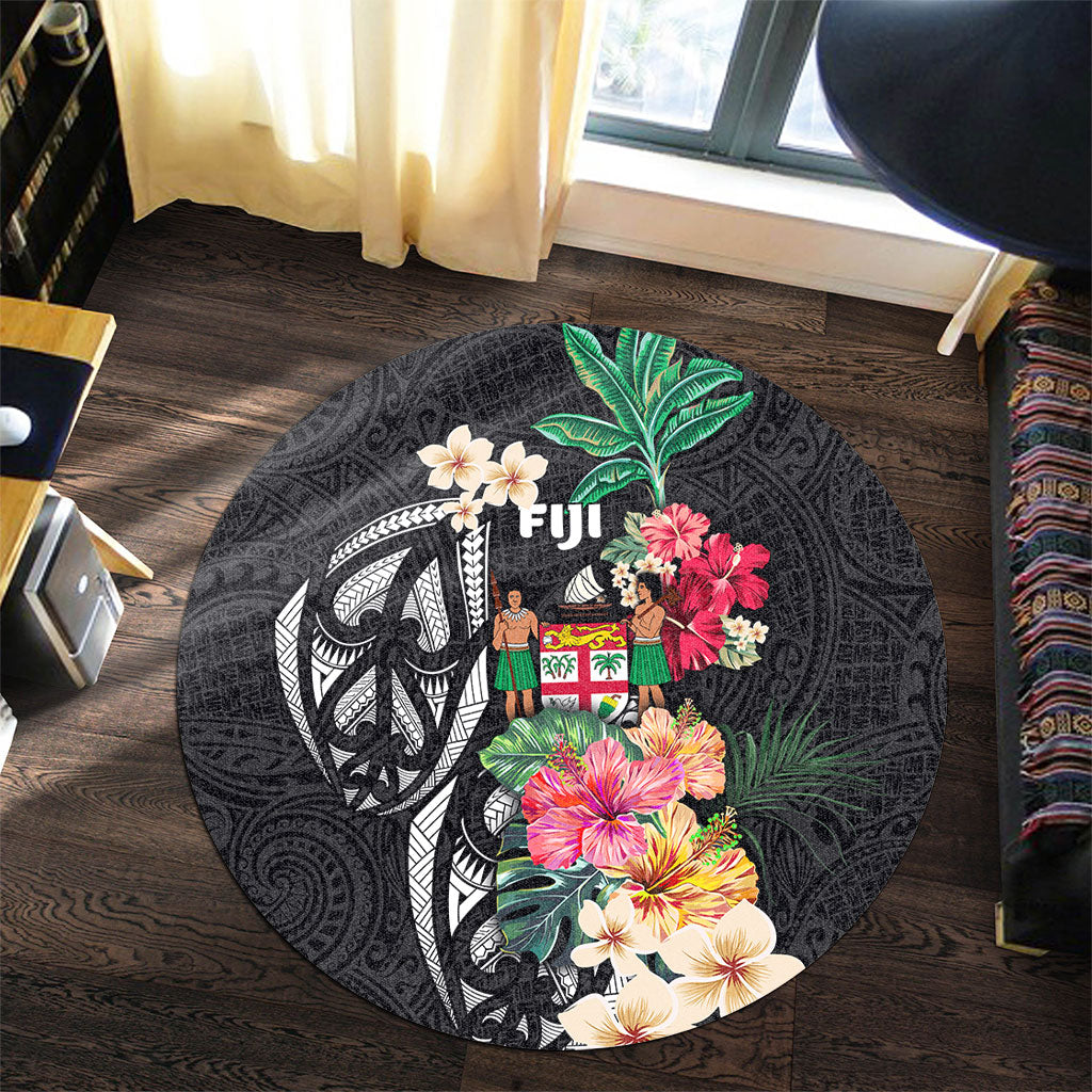 Fiji Round Rug Coat Of Arms Polynesian With Hibiscus