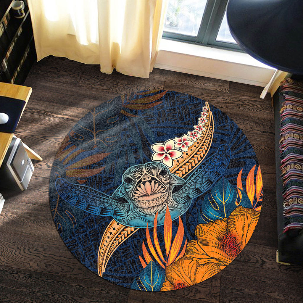 Hawaii Round Rug Turtle Design With Hibiscus Tropical Style