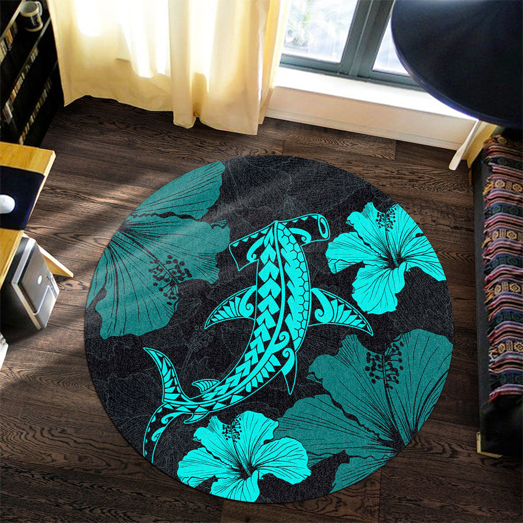 Hawaii Round Rug Hammerhead Shark Hibiscus Flower