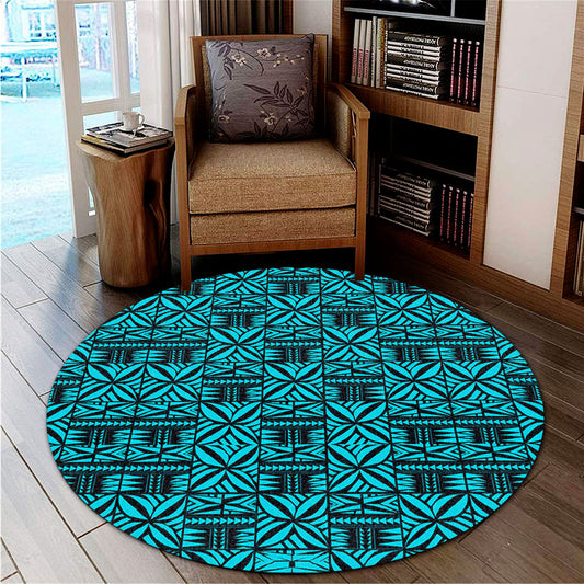 Samoa Round Rug Design Stretch Print Fabric Turquoise