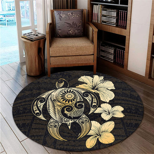 Hawaii Round Rug Hibiscus Plumeria Mix Polynesian Turtle