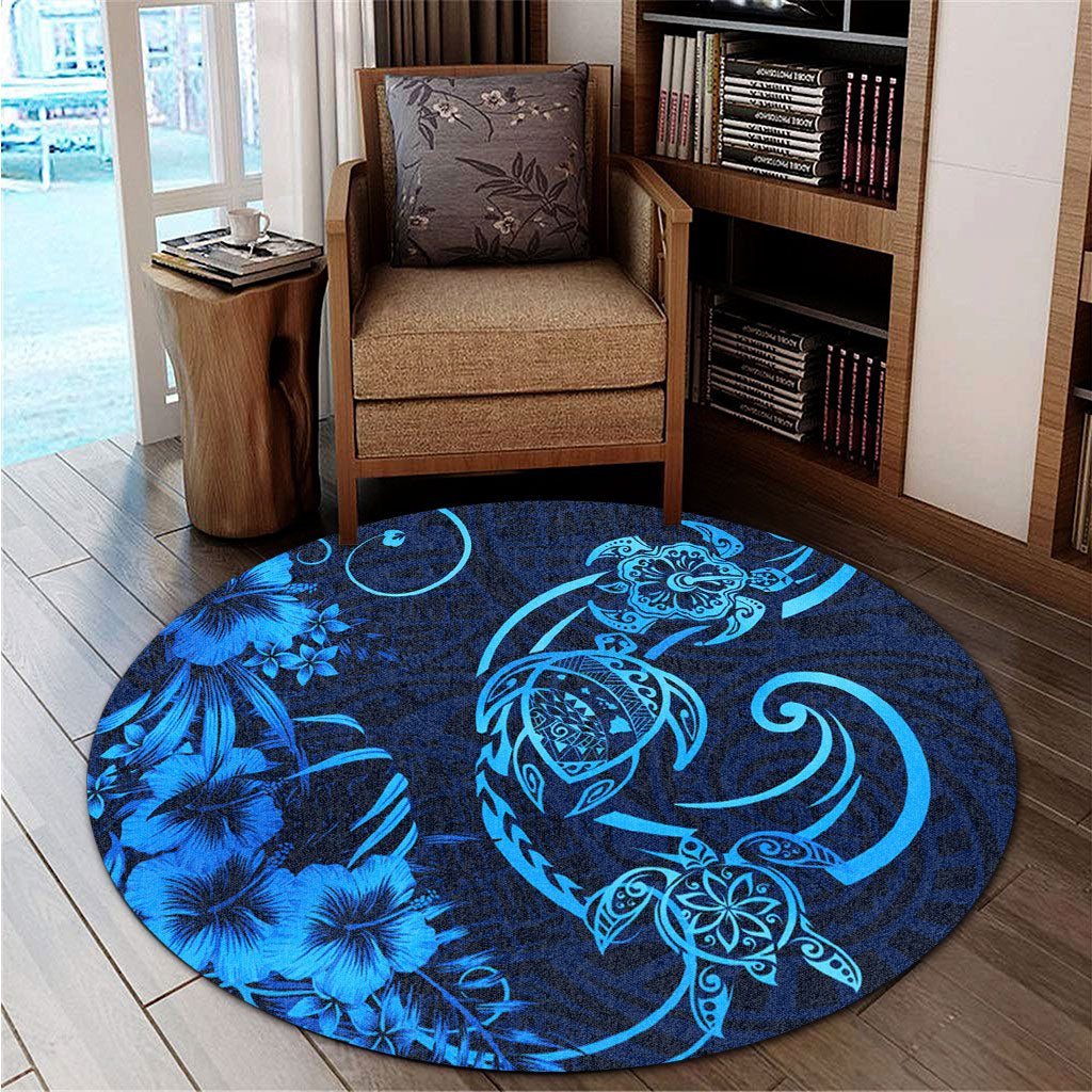 Hawaii Round Rug Hibiscus Flower And Map On The Back Turtle