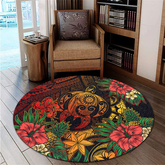 Hawaii Round Rug Tribal Polynesia Sea Turtle Design Pacific Dream
