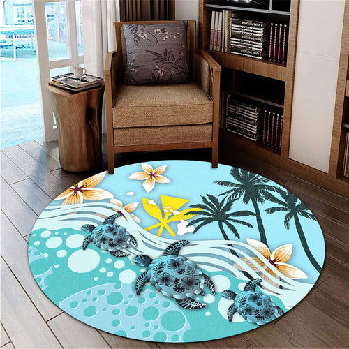 Hawaii Round Rug Kanaka Maoli Turte Blue Hibiscus
