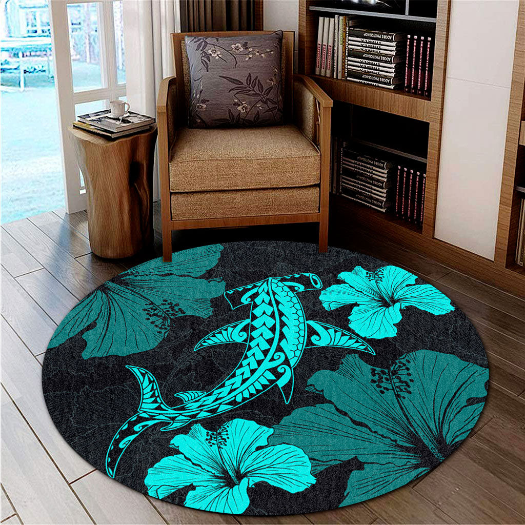 Hawaii Round Rug Hammerhead Shark Hibiscus Flower
