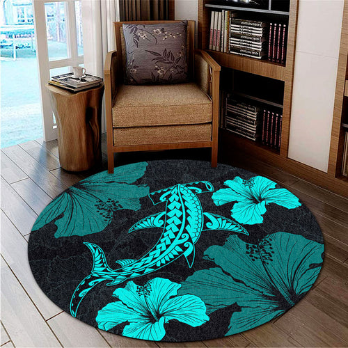 Hawaii Round Rug Hammerhead Shark Hibiscus Flower