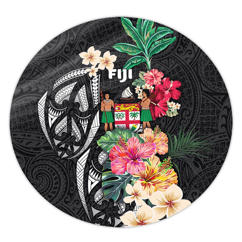 Fiji Round Rug Coat Of Arms Polynesian With Hibiscus