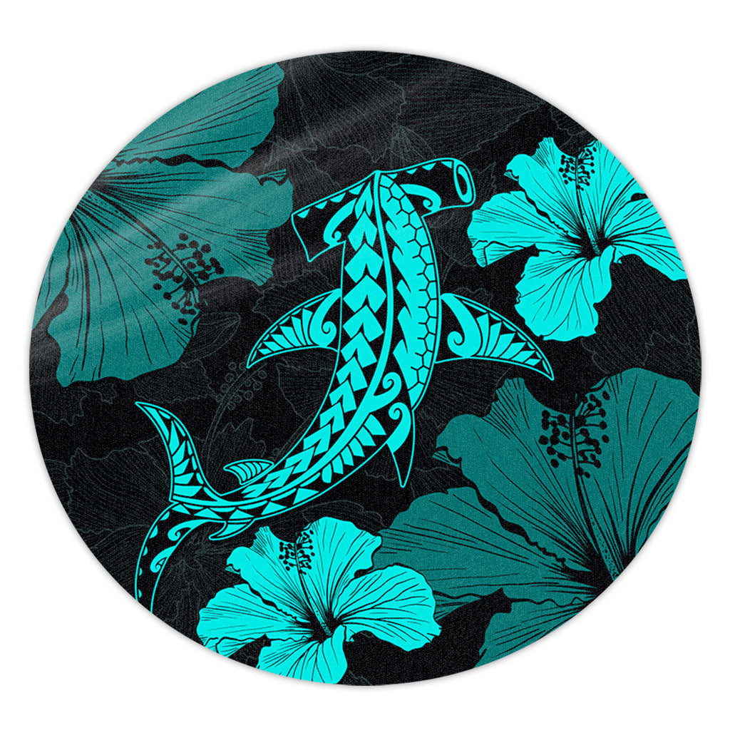 Hawaii Round Rug Hammerhead Shark Hibiscus Flower