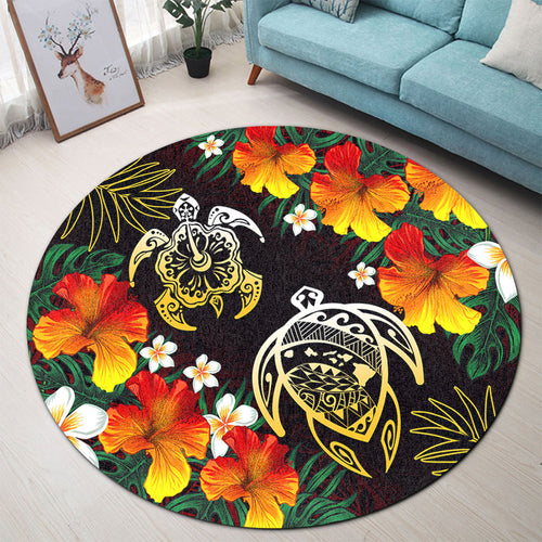 Hawaii Round Rug Polynesian Tribal Floral Turtle