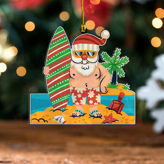 Hawaii Custom Personalised Acrylic And Wooden Ornament Funny Santa Claus Xmas Tropical Hawaiian Style