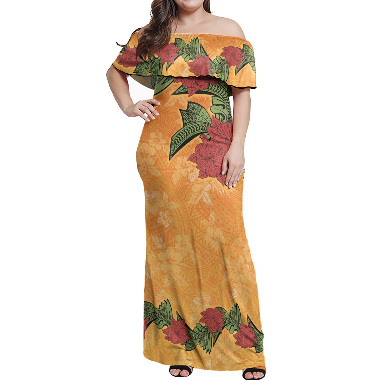 Polynesian Off Shoulder Long Dress Tropical Flowers Polynesian Tribal Motif