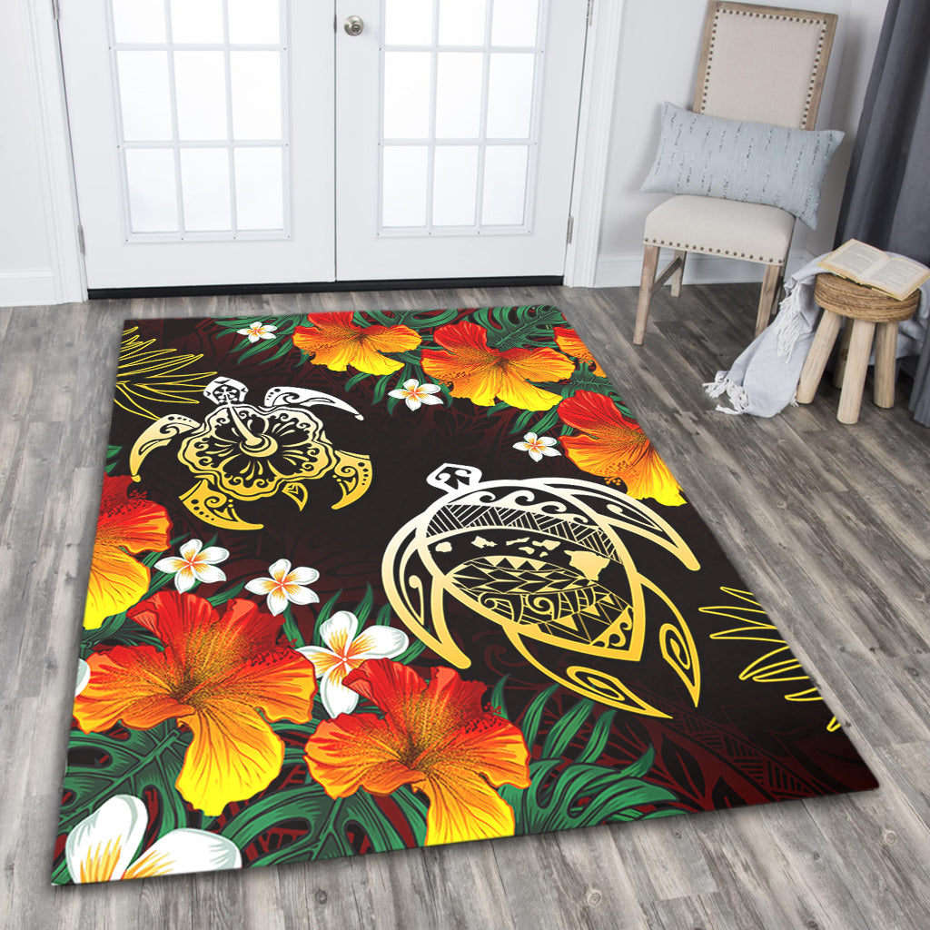 Hawaii Area Rug Polynesian Tribal Floral Turtle