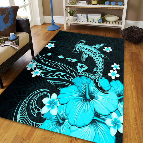 Hawaii Area Rug Kanaka Map And Shark Tribal Tattoo Turquoise