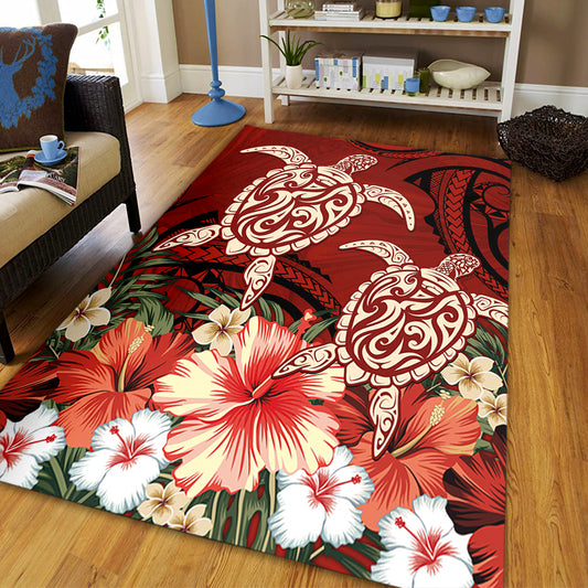 Hawaii Area Rug Polynesia Turtle Drawing Tropical Flower