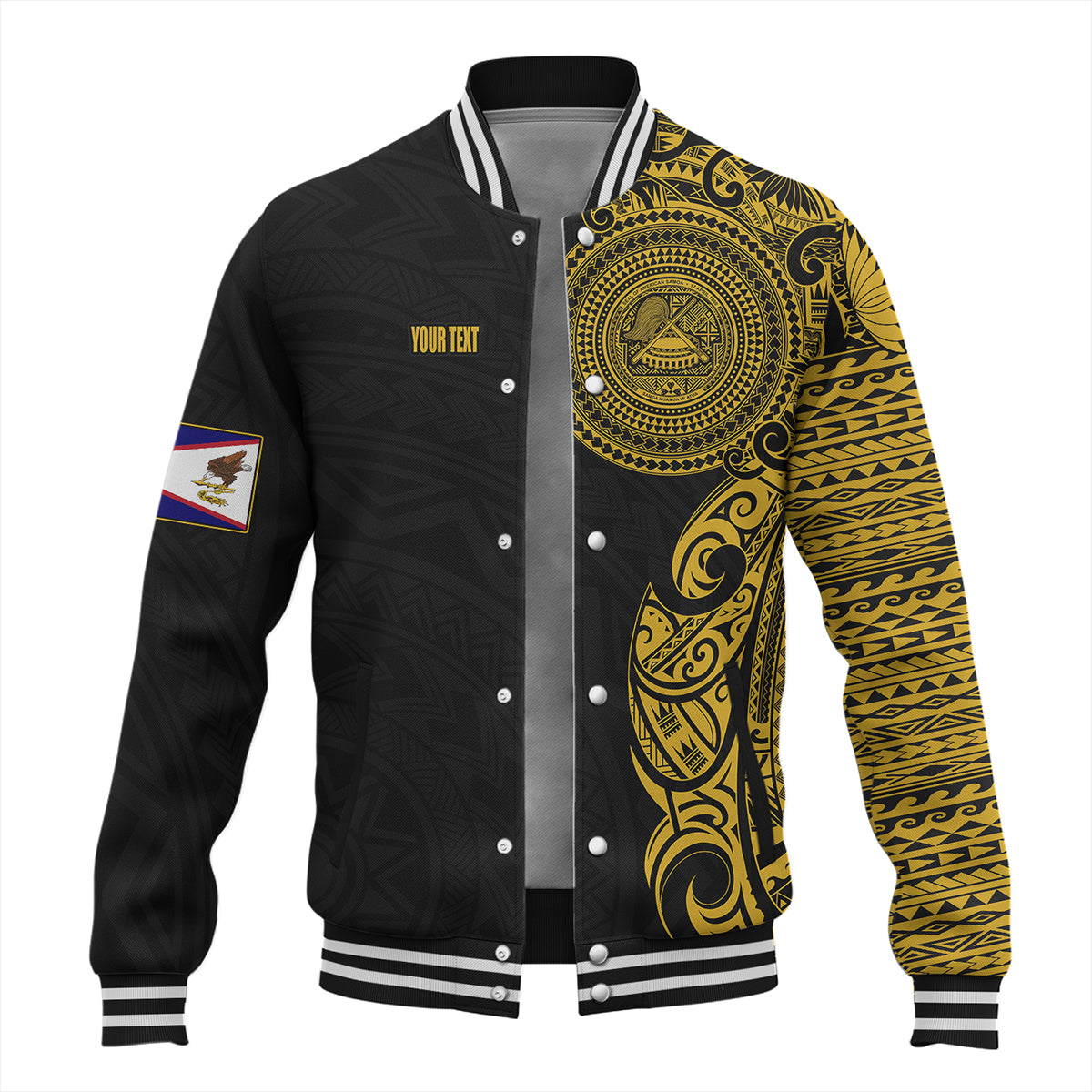 American Samoa Baseball Jacket Custom Polynesian Half Sleeve Gold Tattoo With Seal Black