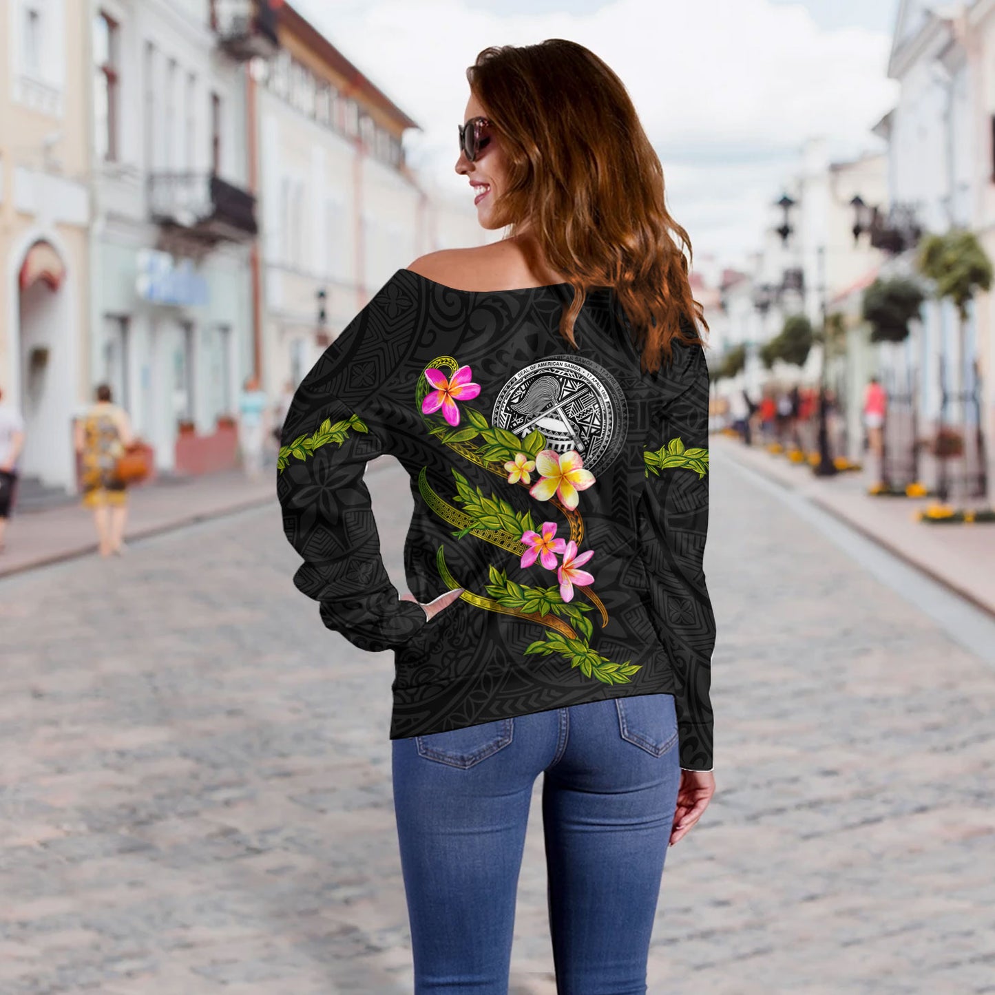 American Samoa Off Shoulder Sweatshirt Custom Plumeria Tribal