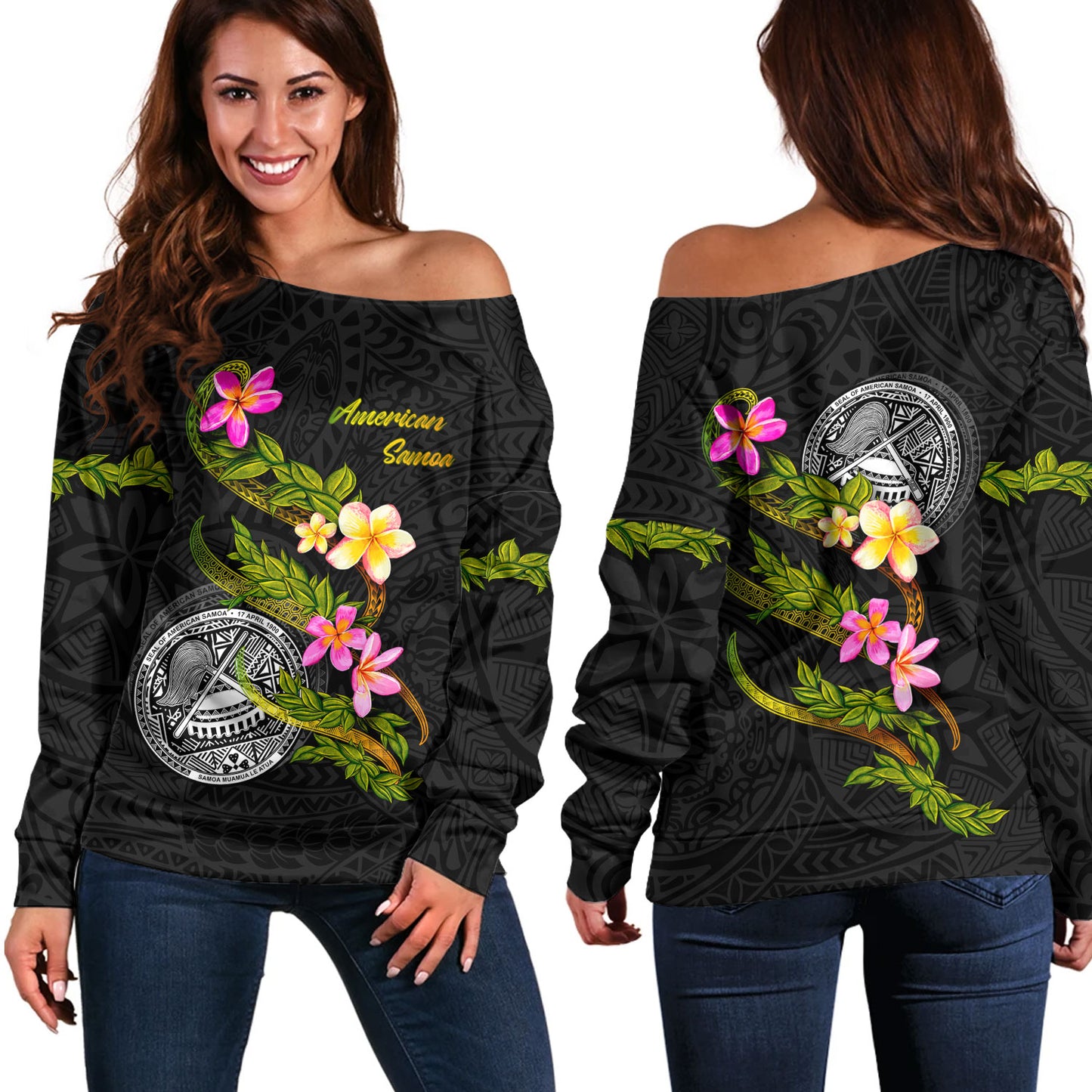 American Samoa Off Shoulder Sweatshirt Custom Plumeria Tribal