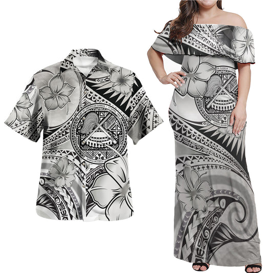 American Samoa Combo Off Shoulder Long Dress And Shirt Polynesian Tribal Waves Patterns Hibiscus Flowers