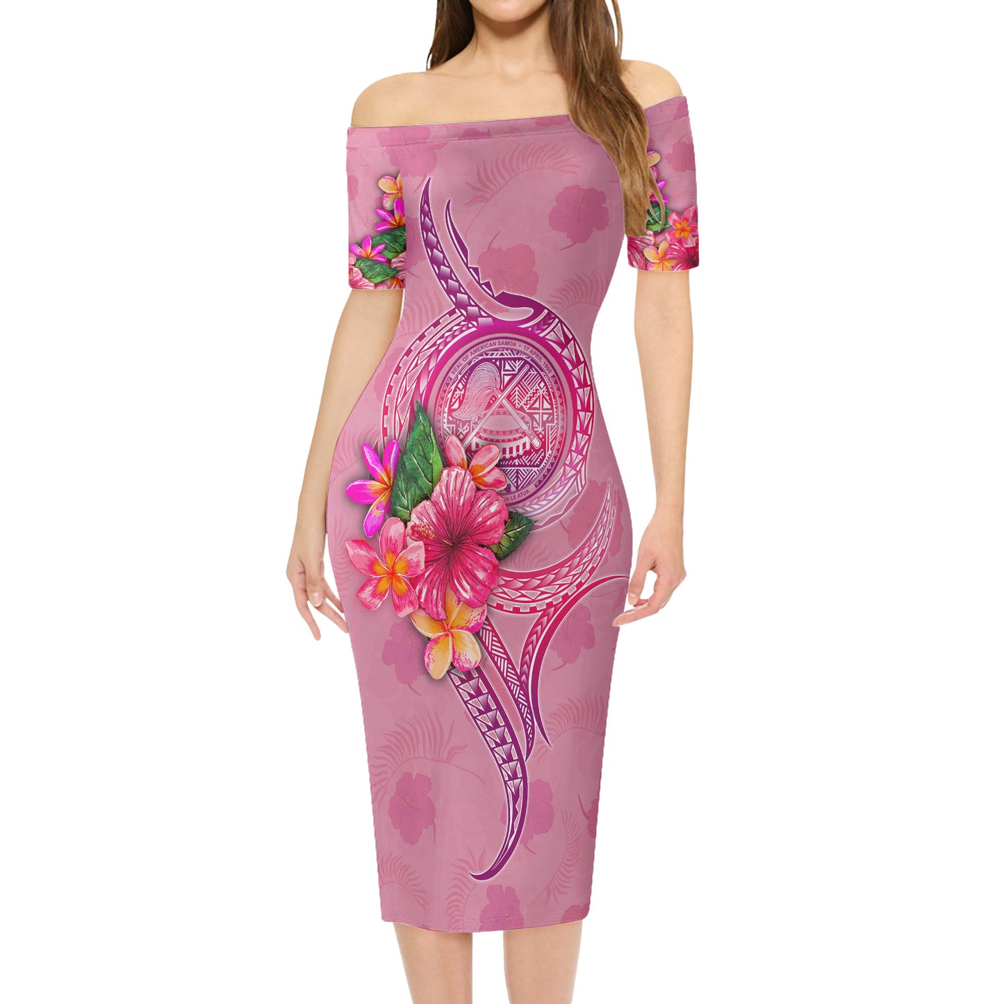 American Samoa Combo Short Sleeve Dress And Shirt Floral With Seal Pink