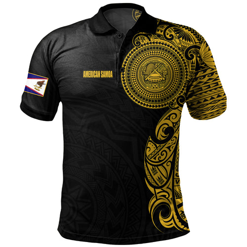 American Samoa Polo Shirt Custom Polynesian Half Sleeve Gold Tattoo With Seal Black