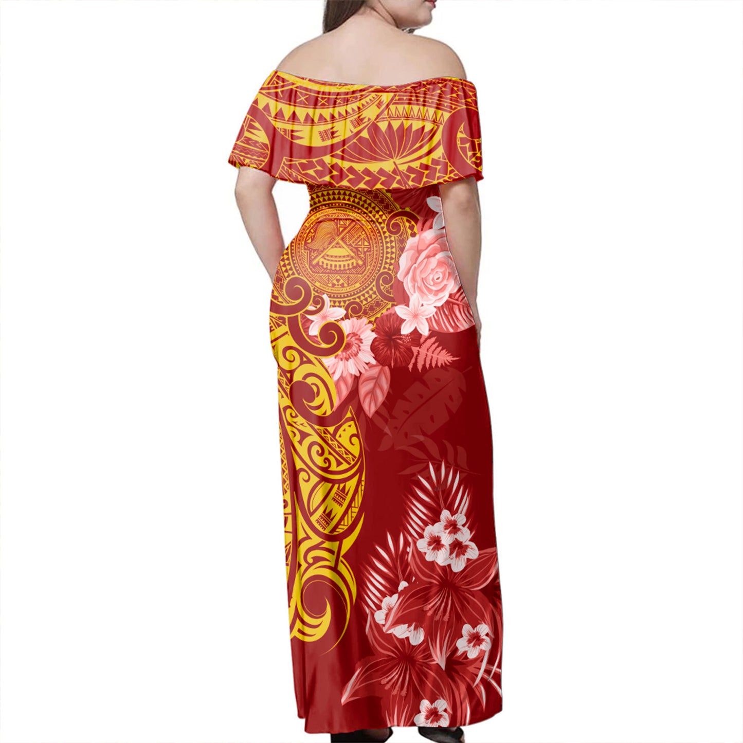 American Samoa Combo Off Shoulder Long Dress And Shirt Polynesian Tropical Plumeria Tribal Red