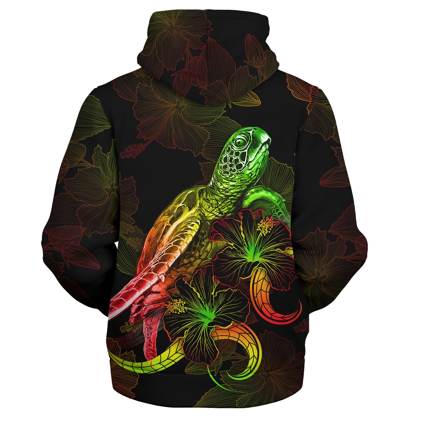 Solomon Islands Sherpa Hoodie Sea Turtle With Blooming Hibiscus Flowers Reggae
