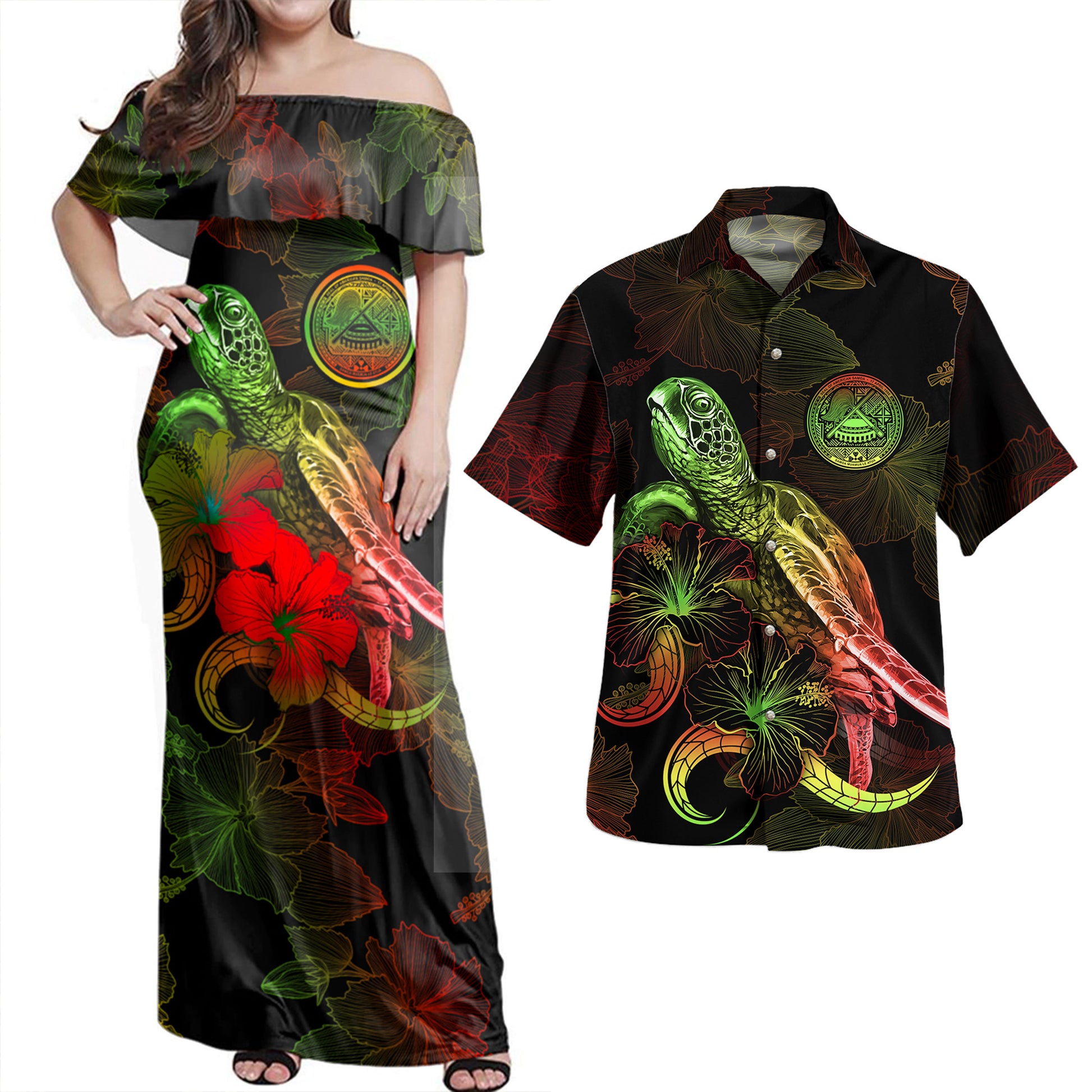 American Samoa Combo Dress And Shirt - Sea Turtle With Blooming Hibiscus Flowers Reggae