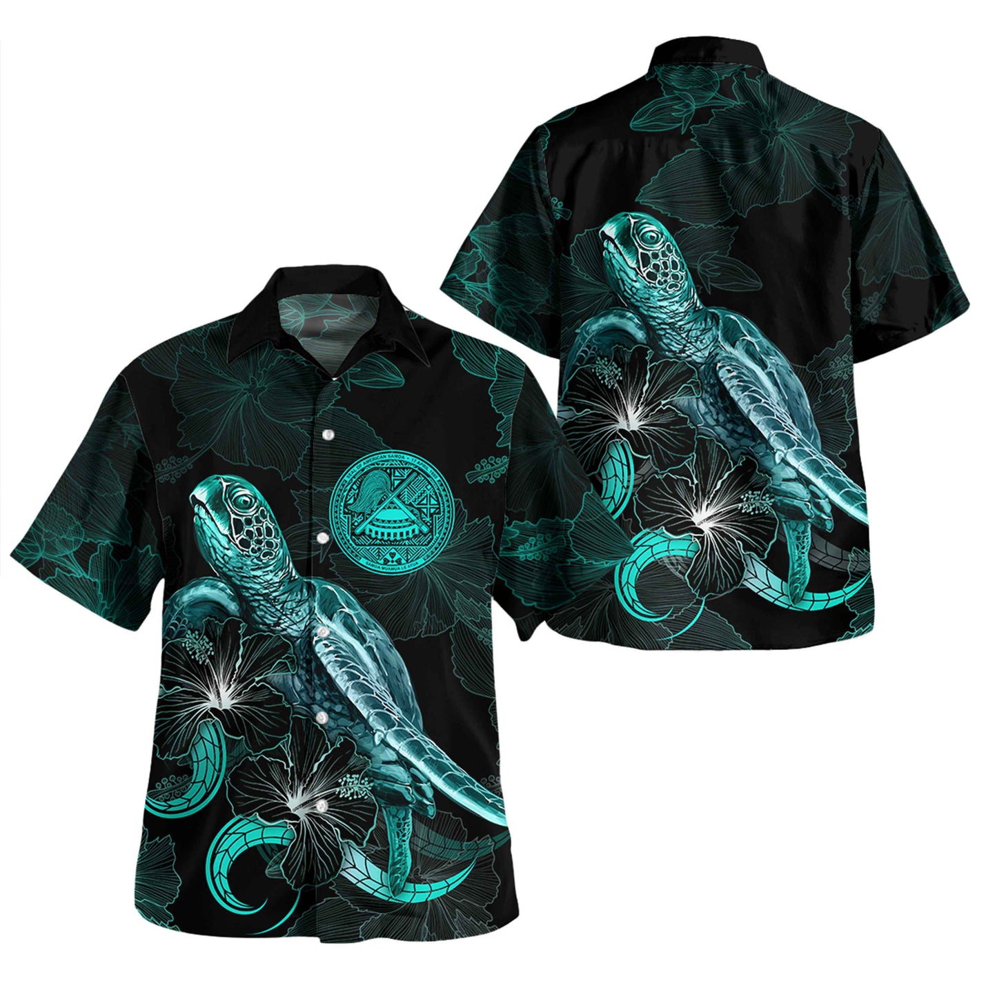 American Samoa Short Sleeve Shirt - Custom American Samoa Seal With Turtle Blooming Hibiscus Turquoise