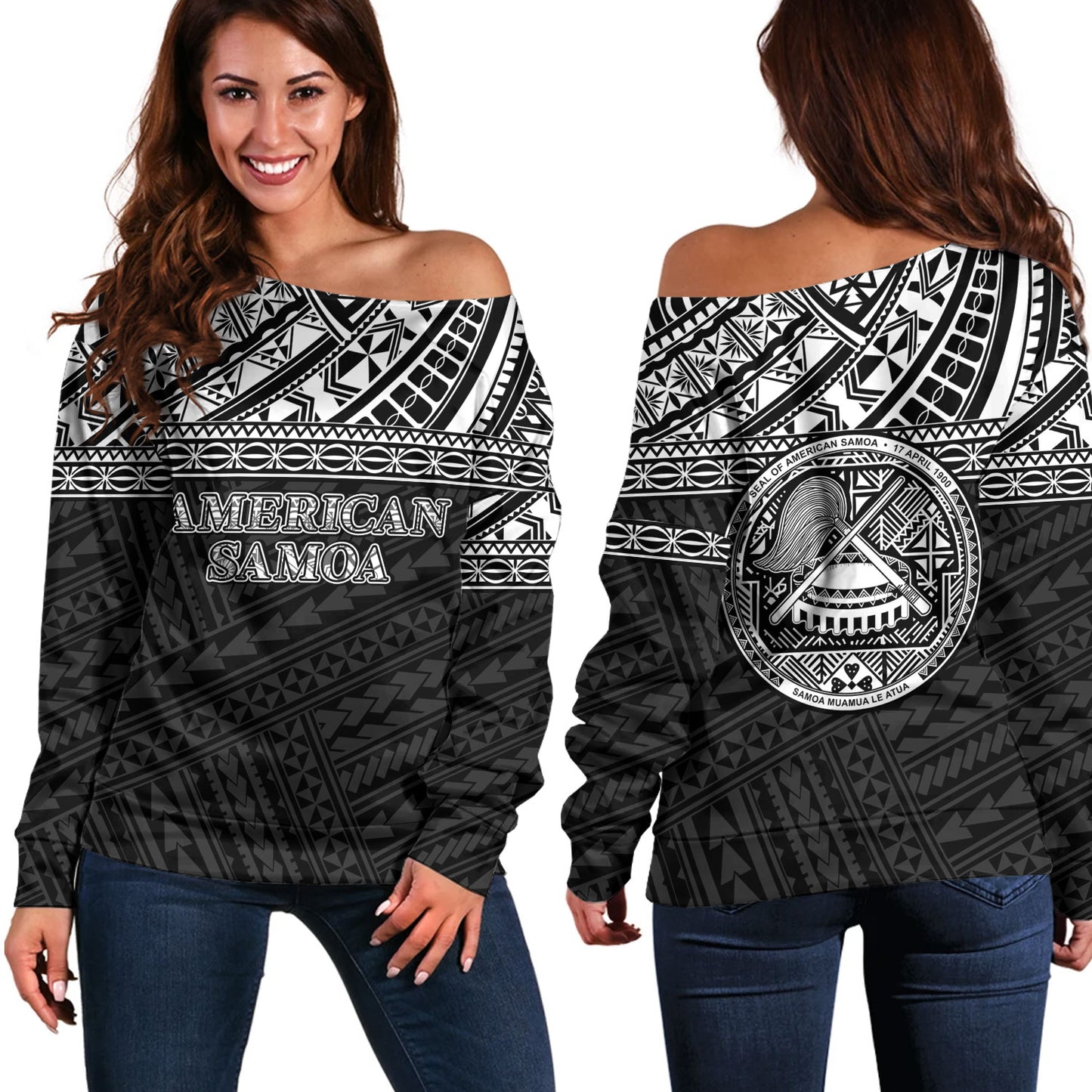 American Samoa Off Shoulder Sweatshirt Custom Polynesian Black Version