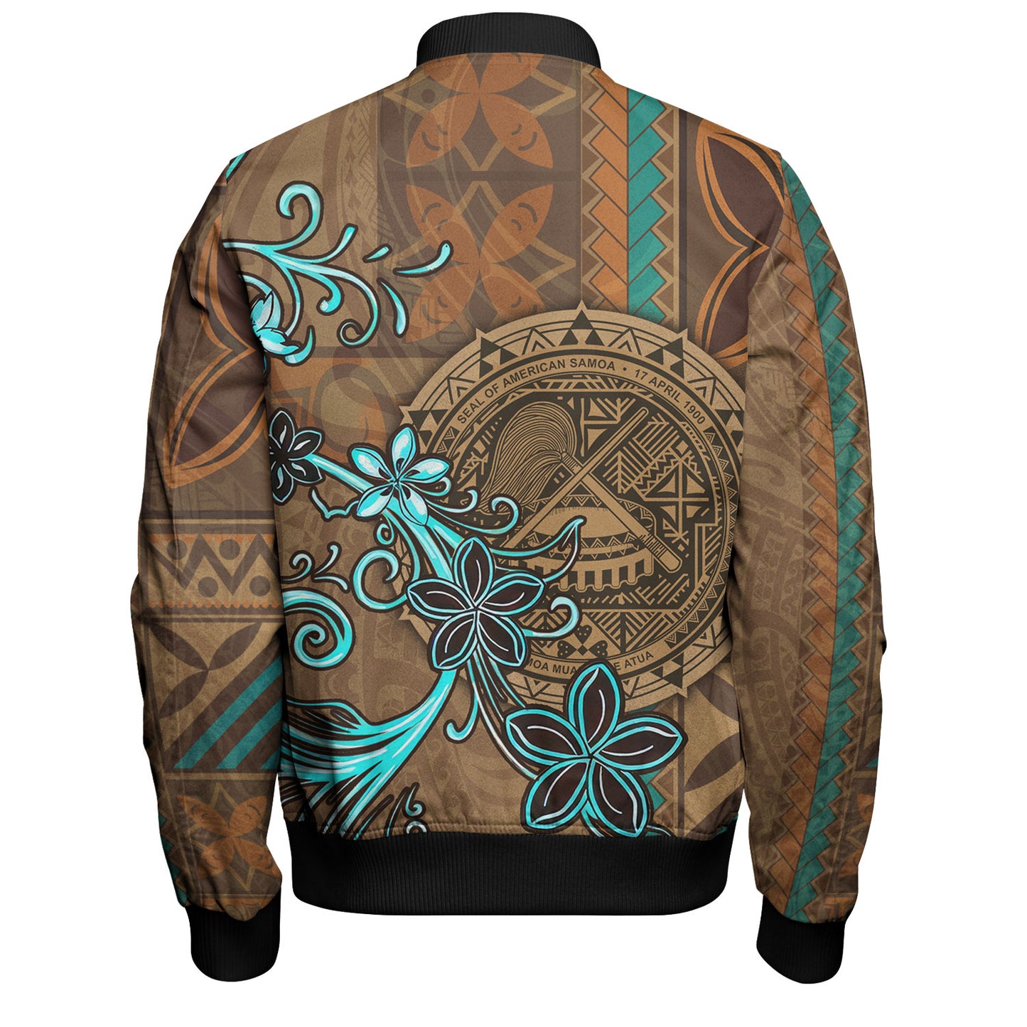 American Samoa Bomber Jacket Polynesian Pattern Motif And Teal Boar Tusk