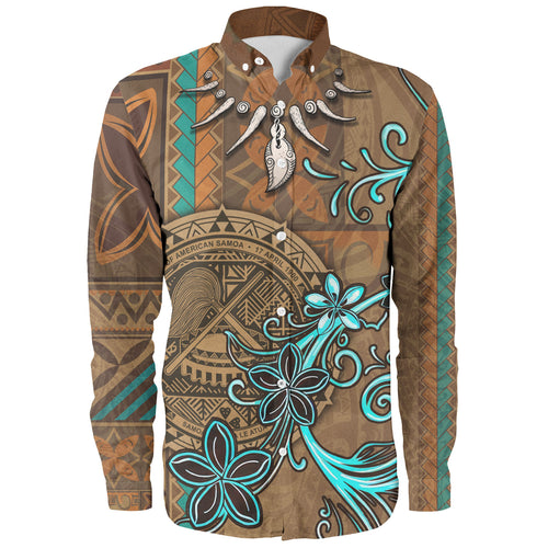 American Samoa Long Sleeve Shirt Polynesian Pattern Motif And Teal Boar Tusk
