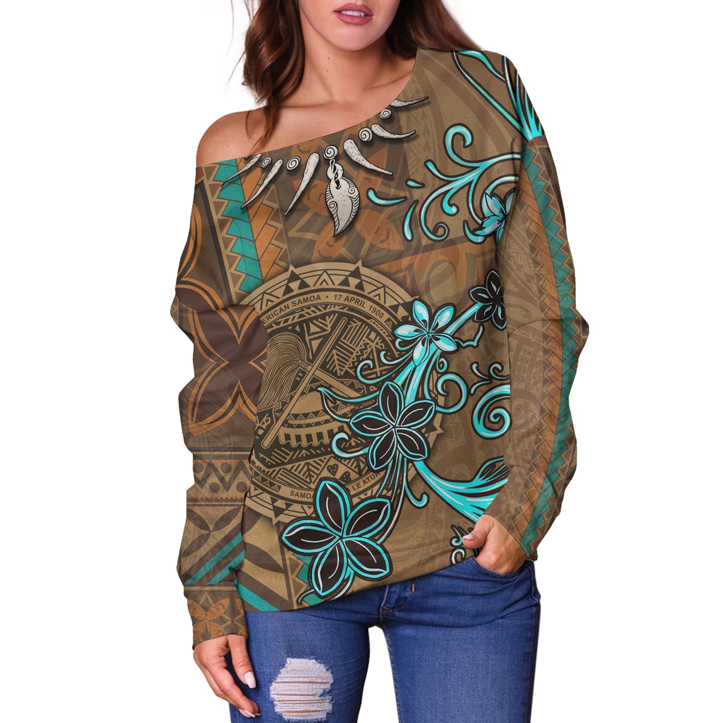 American Samoa Off Shoulder Sweatshirt Polynesian Pattern Motif And Teal Boar Tusk