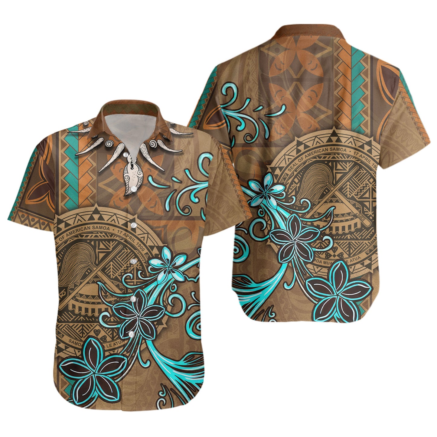 American Samoa Short Sleeve Shirt Polynesian Pattern Motif And Teal Boar Tusk