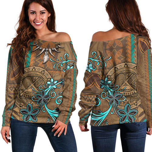 American Samoa Off Shoulder Sweatshirt Polynesian Pattern Motif And Teal Boar Tusk