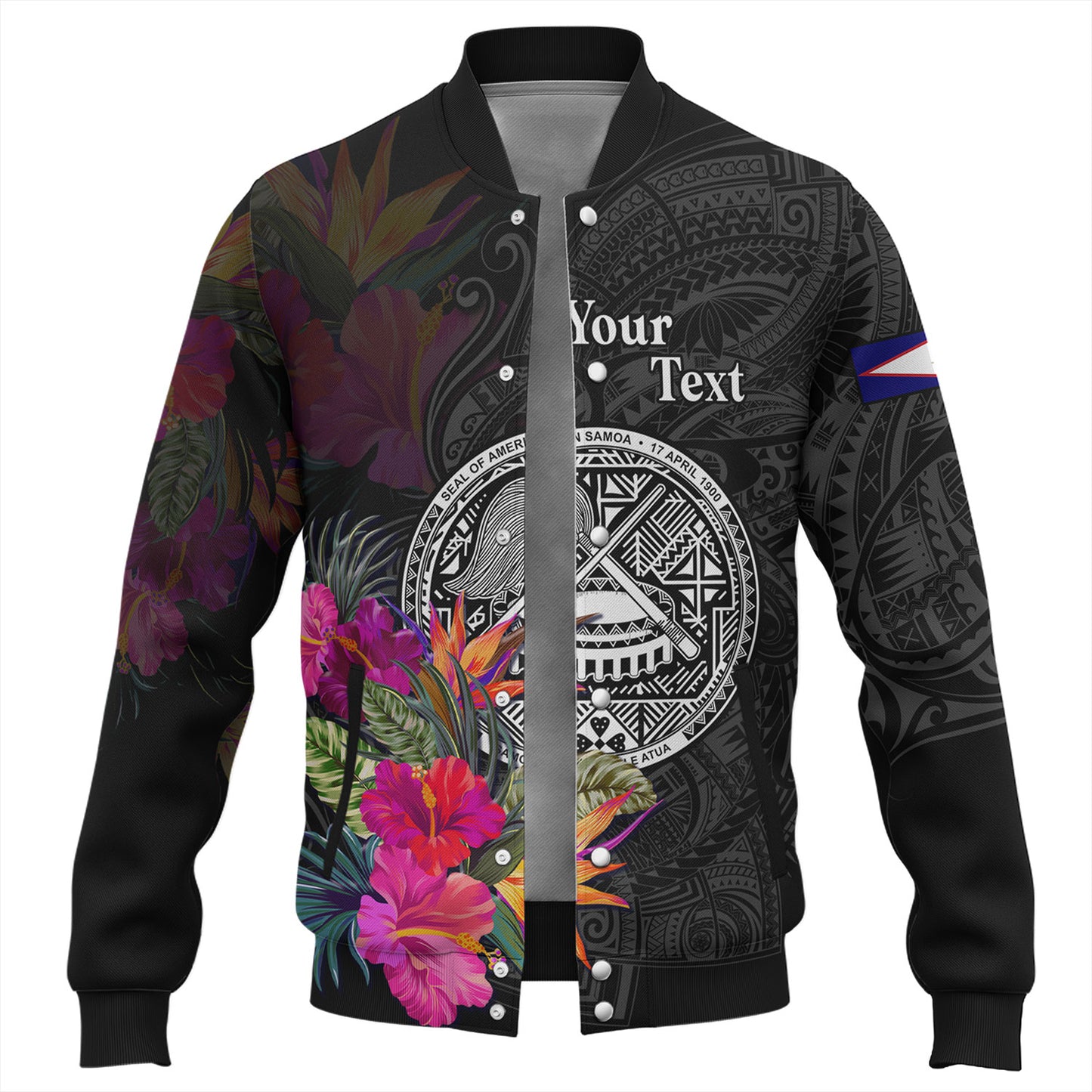American Samoa Baseball Jacket Custom Polynesian Pattern Tropical Floral Design