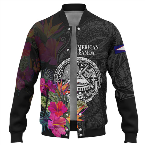 American Samoa Baseball Jacket Custom Polynesian Pattern Tropical Floral Design
