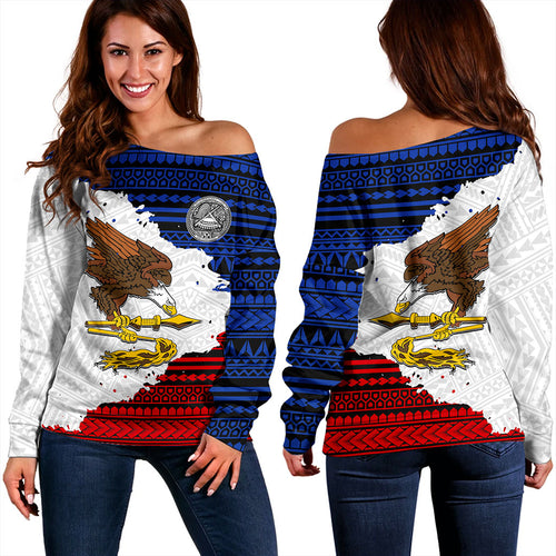 American Samoa Off Shoulder Sweatshirt Eagles Flag Grunge Style