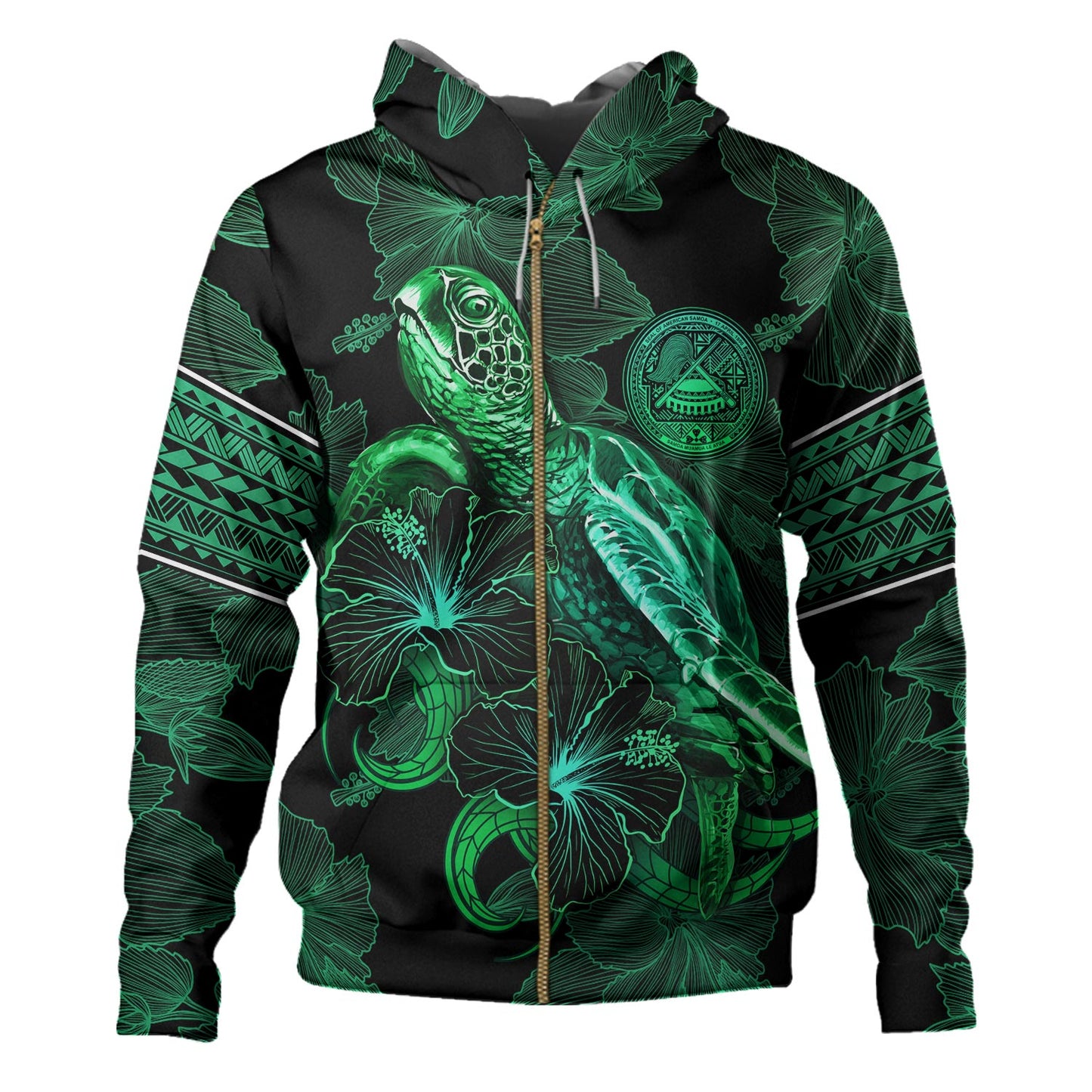 American Samoa Hoodie  Sea Turtle With Blooming Hibiscus Flowers Tribal Green
