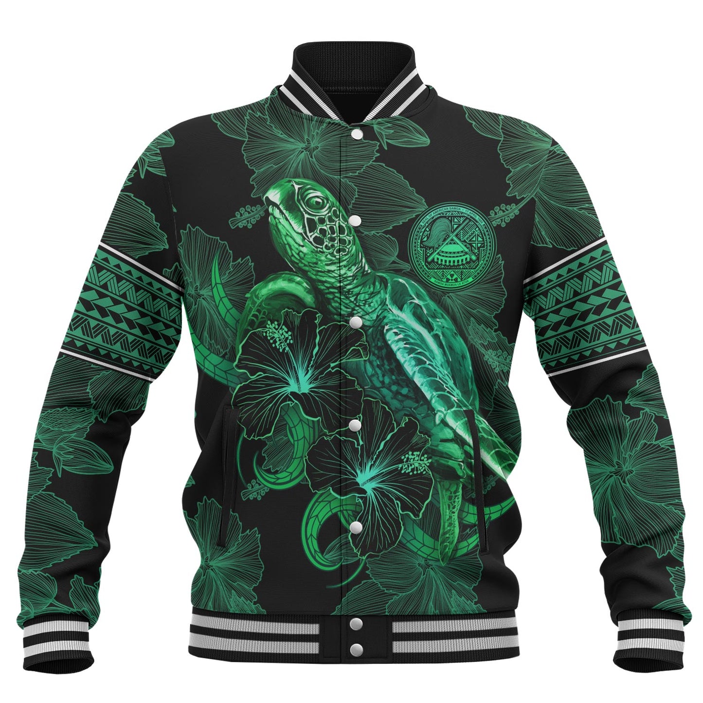 American Samoa Baseball Jacket  Sea Turtle With Blooming Hibiscus Flowers Tribal Green