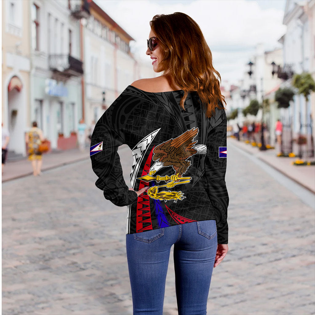 American Samoa Off Shoulder Sweatshirt Polynesia Tribal Wave
