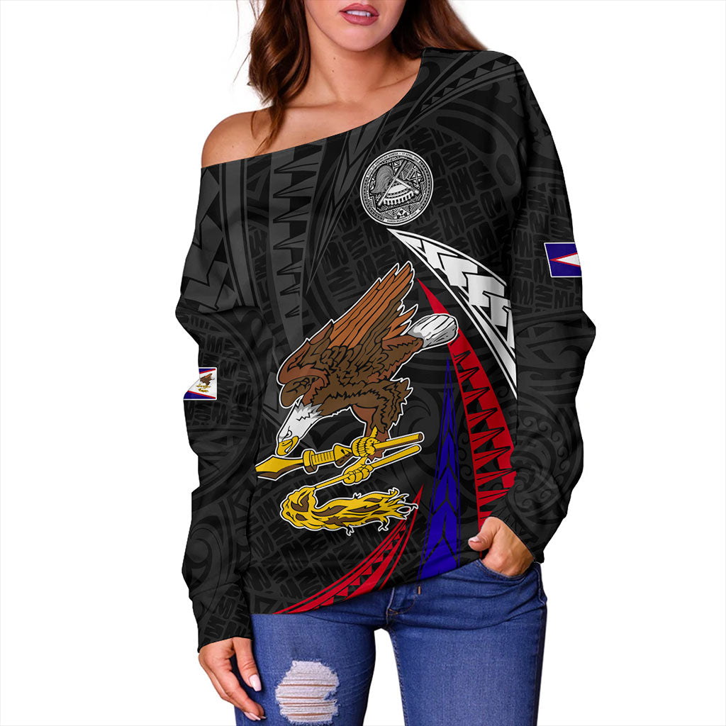 American Samoa Off Shoulder Sweatshirt Polynesia Tribal Wave