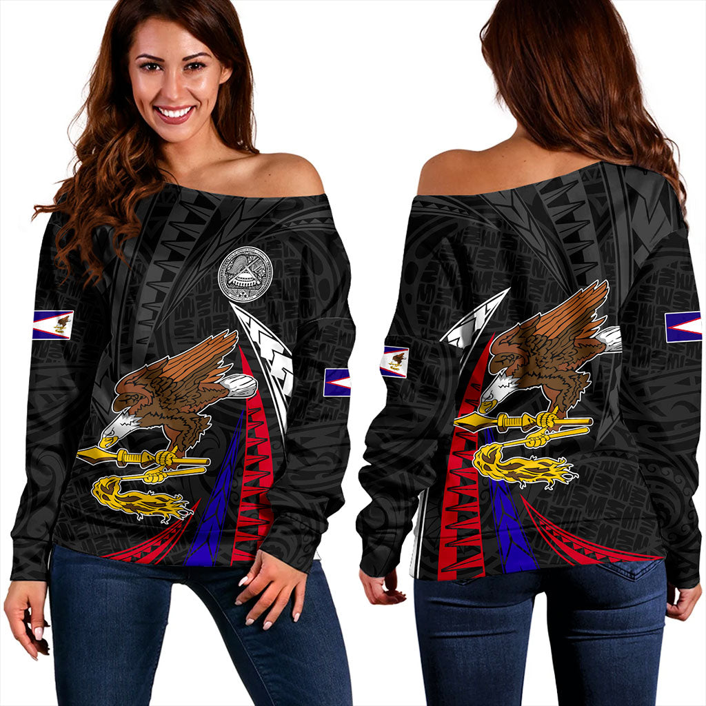 American Samoa Off Shoulder Sweatshirt Polynesia Tribal Wave