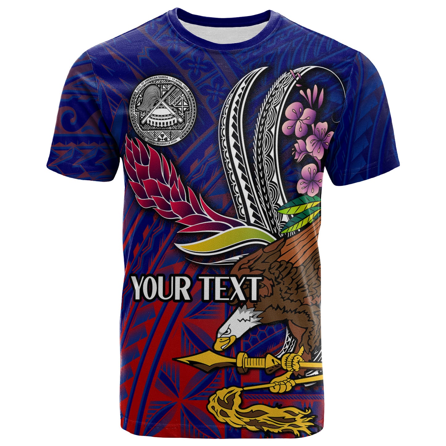 American Samoa T-Shirt - Custom Seal With National Flowers Polynesian Patterns